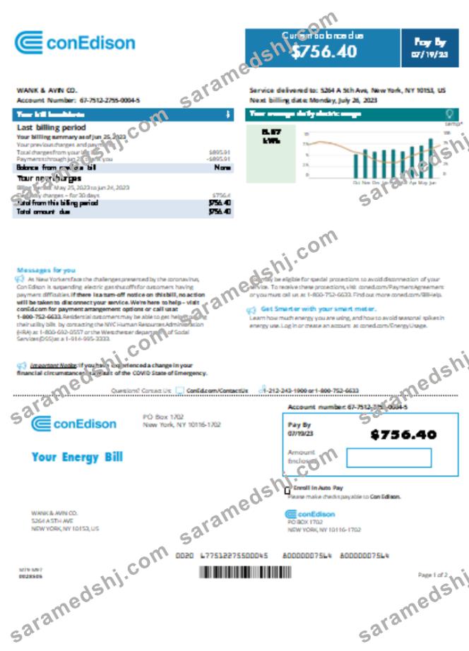 Con Edison utility business bill,  page 1, SCR